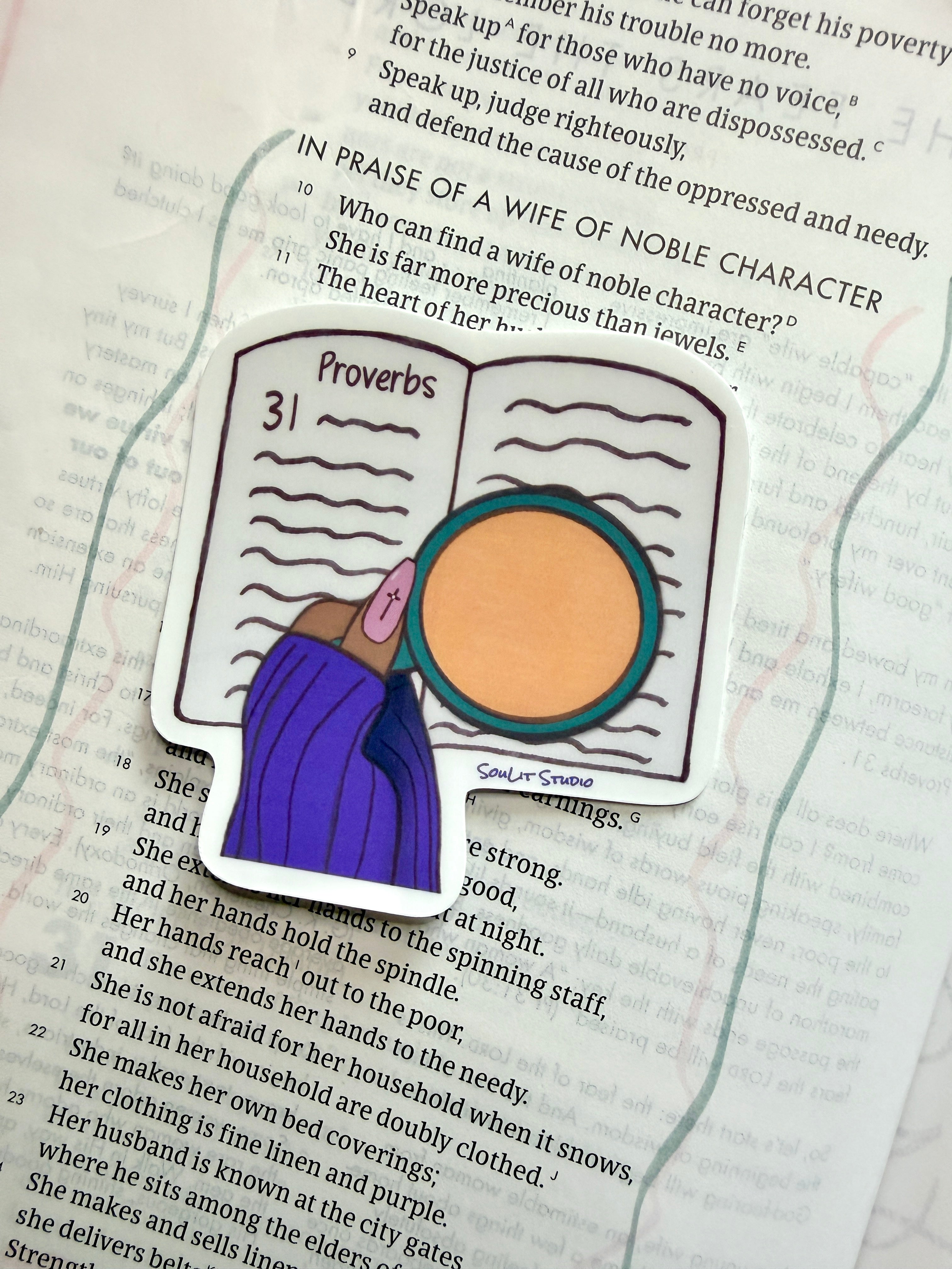 Hand-drawn Christian sticker featuring a Black woman's hand holding a cup of coffee and her open Bible, inspired by Proverbs 31 faith and quiet strength.