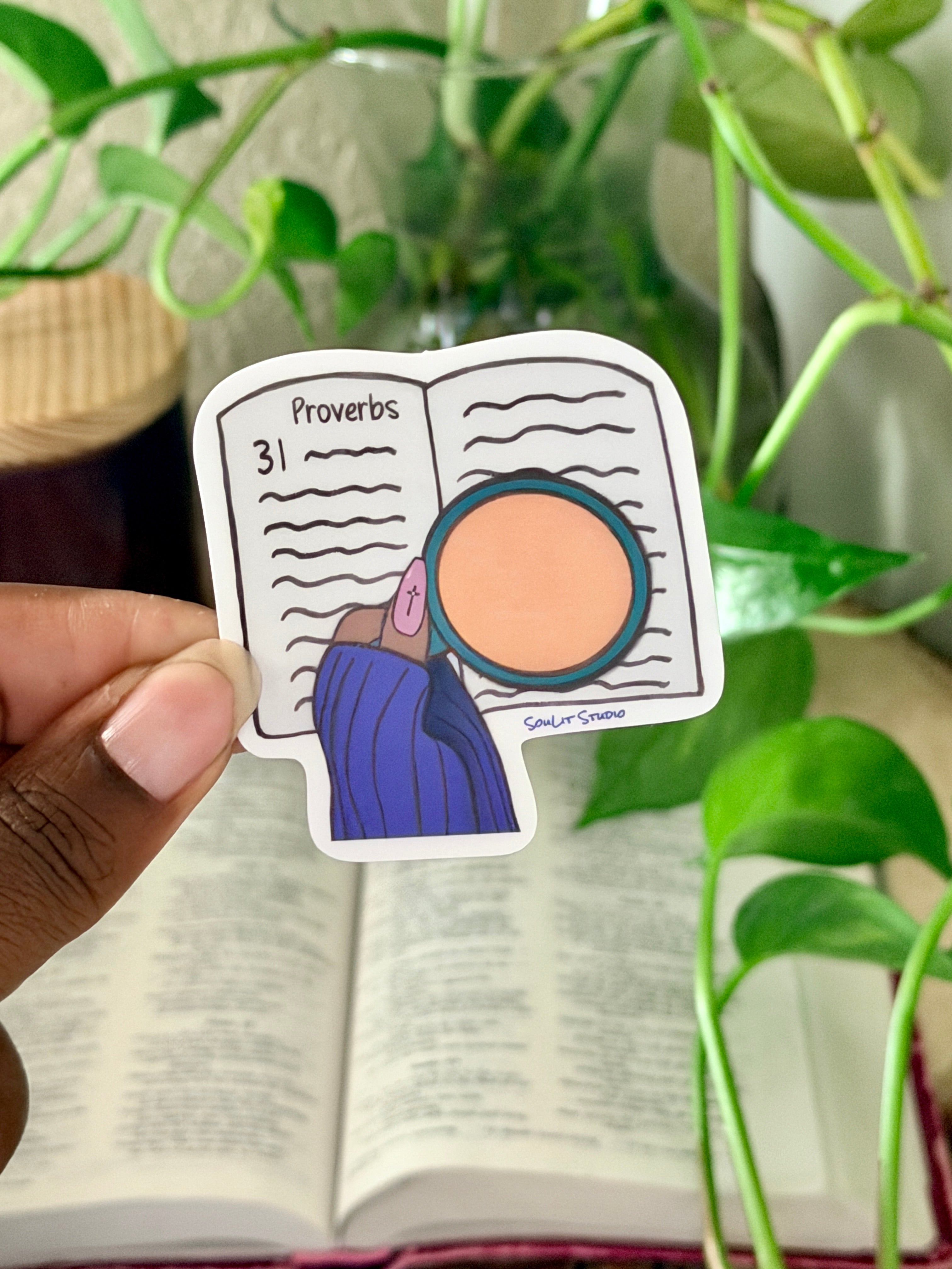 Hand-drawn Christian sticker featuring a Black woman's hand holding a cup of coffee and her open Bible, inspired by Proverbs 31 faith and quiet strength.